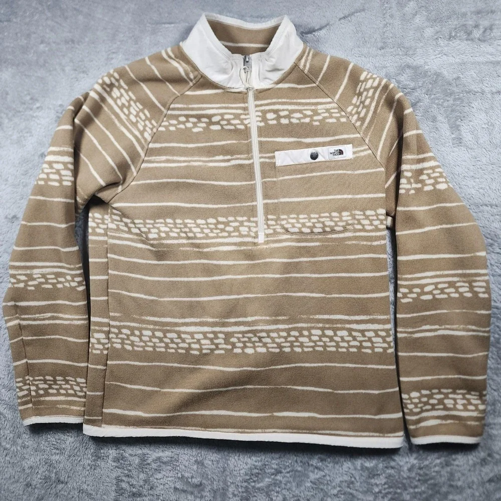 The North Face Gordon Lyons Sweater Mens Large Beige Stripe 1/4 Zip Fleece